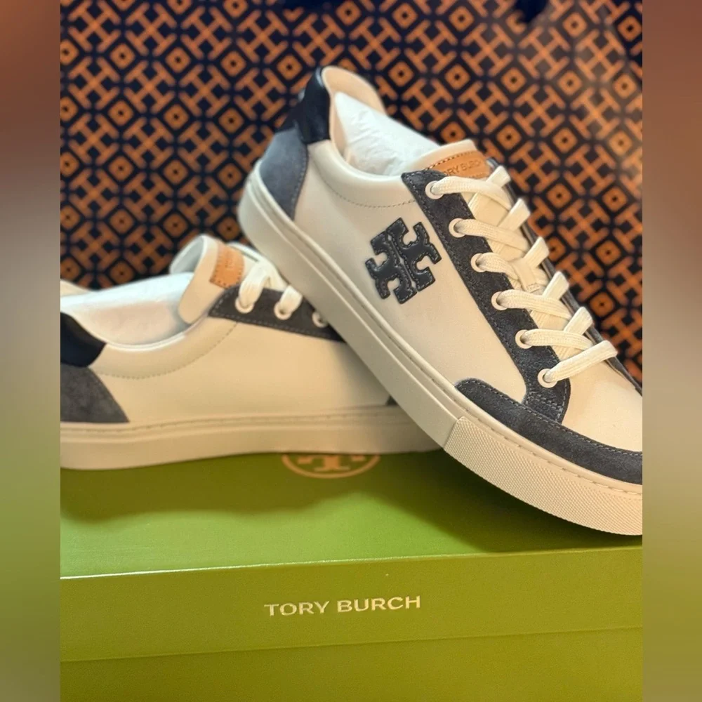 Tory Burch White and Blue Leather Sneakers
